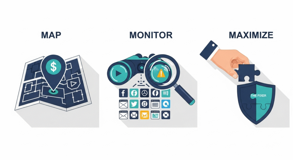 A triptych of three modern, clean, flat-style icons with long shadows, each representing a step in a strategic process.